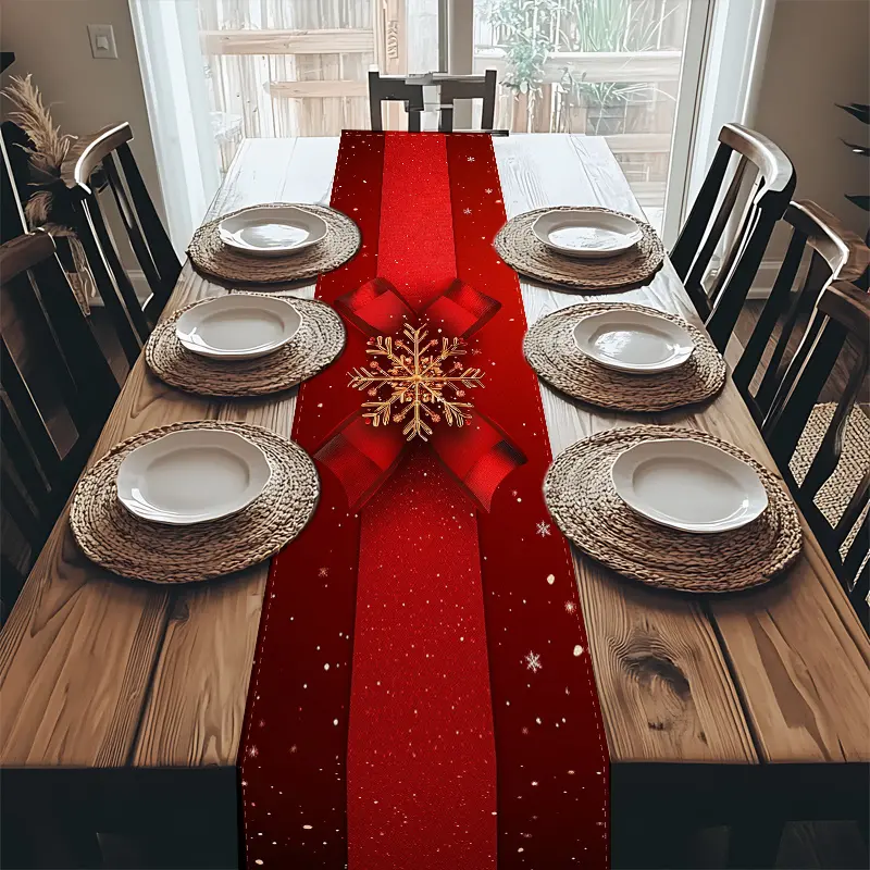 1pc Christmas Fantasy Cartoon Kitchen Table Runner, Classic Red with Shimmering Snowflakes, Elegant Bow & Golden Accents, 100% Polyester 1-Piece Durable Wrinkle-Resistant 72"(l)x13"(w) Kitchen Linen, Ideal for Christmas Dinners & Room Decor