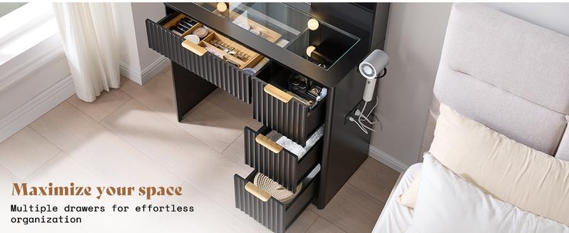 VanAcc 36.2/47.2" Fluted Vanity Desk with Mirror and Adjustable LED Lights, Large 4/7 Drawers Makeup Table with Glass Top and Charging Station for Women and Girls, Bedroom or Dorm