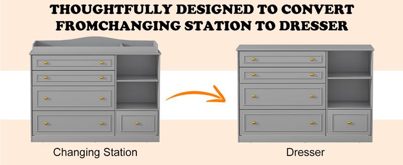 5-Drawer Baby Changing Table Dresser | Adjustable Shelves + Metal Handles | Curved Wrapping Design | Nursery Diaper Station