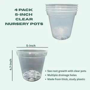 5-Inch Clear Nursery Pots | 4 pack | Large Transparent Plastic Plant Pots with Drainage for Indoor Houseplants