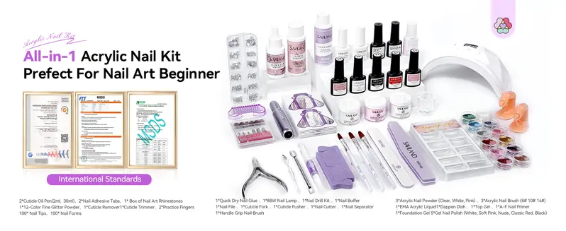 SAVILAND Essentials Acrylic Nail Kit – All-in-1 Set with Lamp EMA Monomer Gel Polish Nail Drill Cuticle Remover for Home DIY Starters