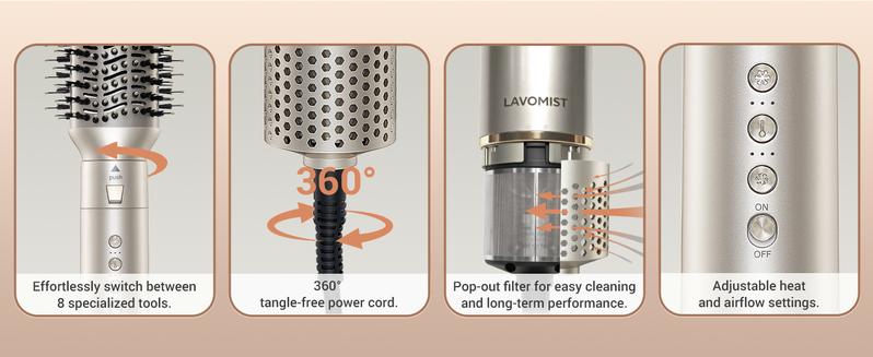 8-in-1 Dual Voltage Hot Air Styler & Hair Dryer Brush with Straightener & Curler Attachments, 110,000 RPM Ionic Fast Drying for Frizz-Free Styling, Includes Travel Bag