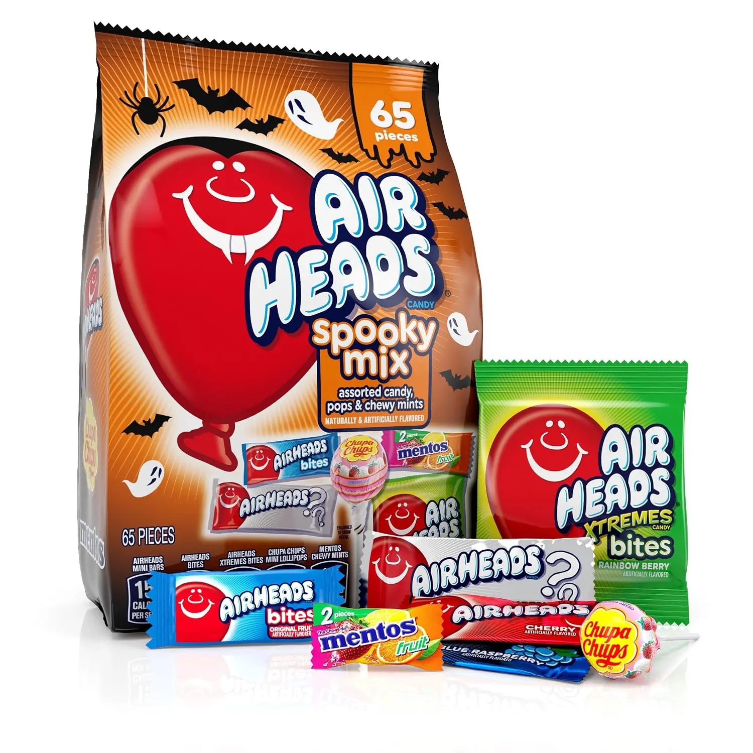 Airheads, Mentos Chupa Chups Halloween Spooky Candy Mix, 65 Count Bag | Includes Bars, Bites, Xtremes, Lollipops & Chewy Mints, Trick or Treat, Individually Wrapped, Assorted Variety Bulk Candy