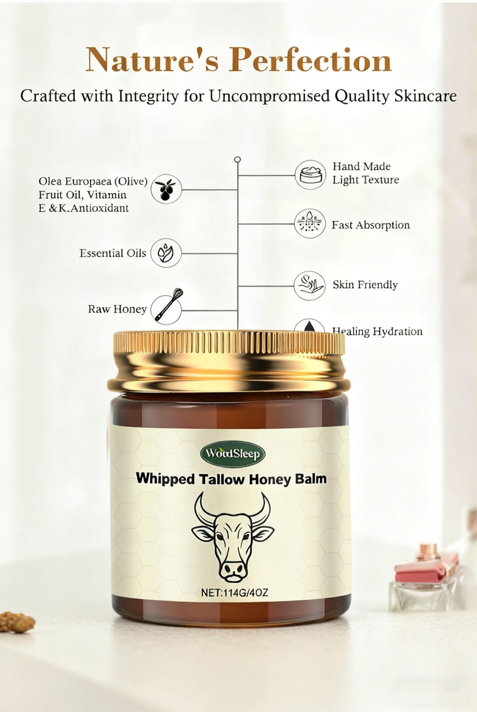 WoodSleep Whipped Grass-Fed Beef Tallow Honey Balm 4 Oz Moisturizing Cream for Soft Smooth Skin Handmade All-Natural Moisturizer Lavender Hydrating Comfort Moisture Boost Cream Luminous Firming Cream Body Care