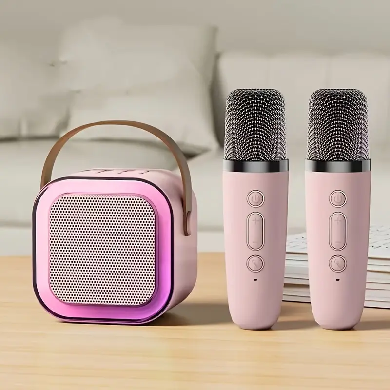Mini Bluetooth Karaoke Machine - Portable Rechargeable Speaker Bluetooth with 2 Wireless Microphones, Magic Voices Feature, Mini Gifts for Kids, Ideal for Party Music Setup, Wireless Speakers for On-The-Go Use