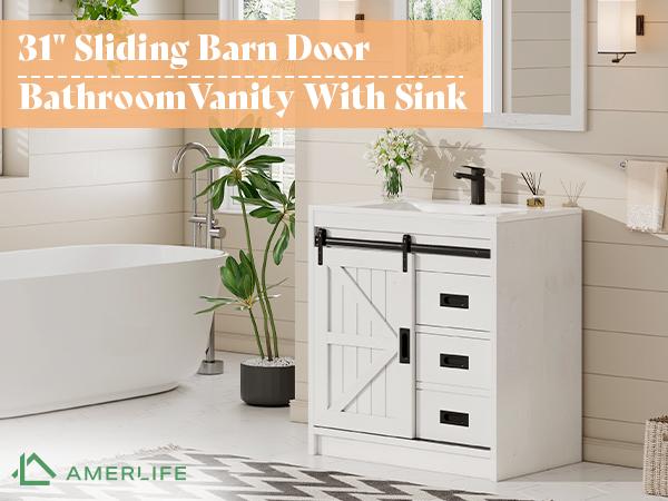 VanAcc Farmhouse Bathroom Vanity with Sink Combo, 31in Sliding Barn Door Bathroom Vanity Cabinet Set with Storage Drawers, Metal Handles, Small Single Bath Storage Vanity Sink