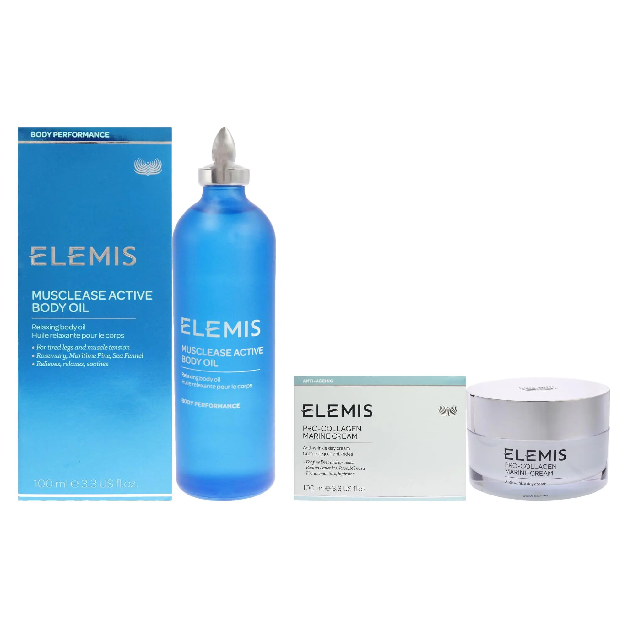 Musclease Active Body Oil and Pro-Collagen Marine Cream Kit by Elemis for Unisex - 2 Pc Kit 3.4oz Body Oil, 3.3oz Anti-Age Cream