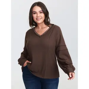 【V-Neck】Bloomchic Brushed Waffle Rivet Neckline Sweatshirt Fit Long Sleeve ,Summerfinds, Hoodie, Spandex Fit Brown Garment Womenswear