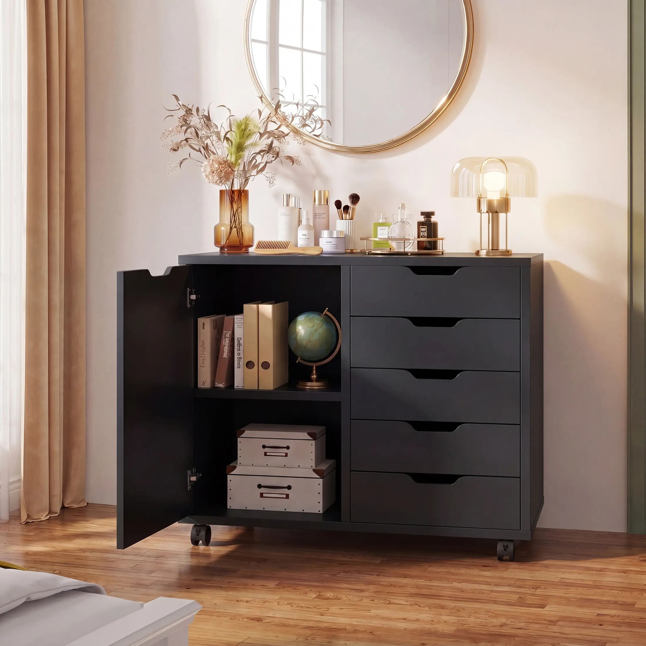Sweetcrispy 5-Drawer Wood Storage Organizer Furniture with Caster Wheels, Under-Desk Printer Stand with Shelf, Door & Wood Board Metal Frame for Home Office Craft Room, Black Caster Wheels Vertical File Cabinet