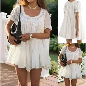 Baby Doll Mini Dress for Women Summer Solid Color Loose Bubble Short Sleeve Scoop Neck Dress s464