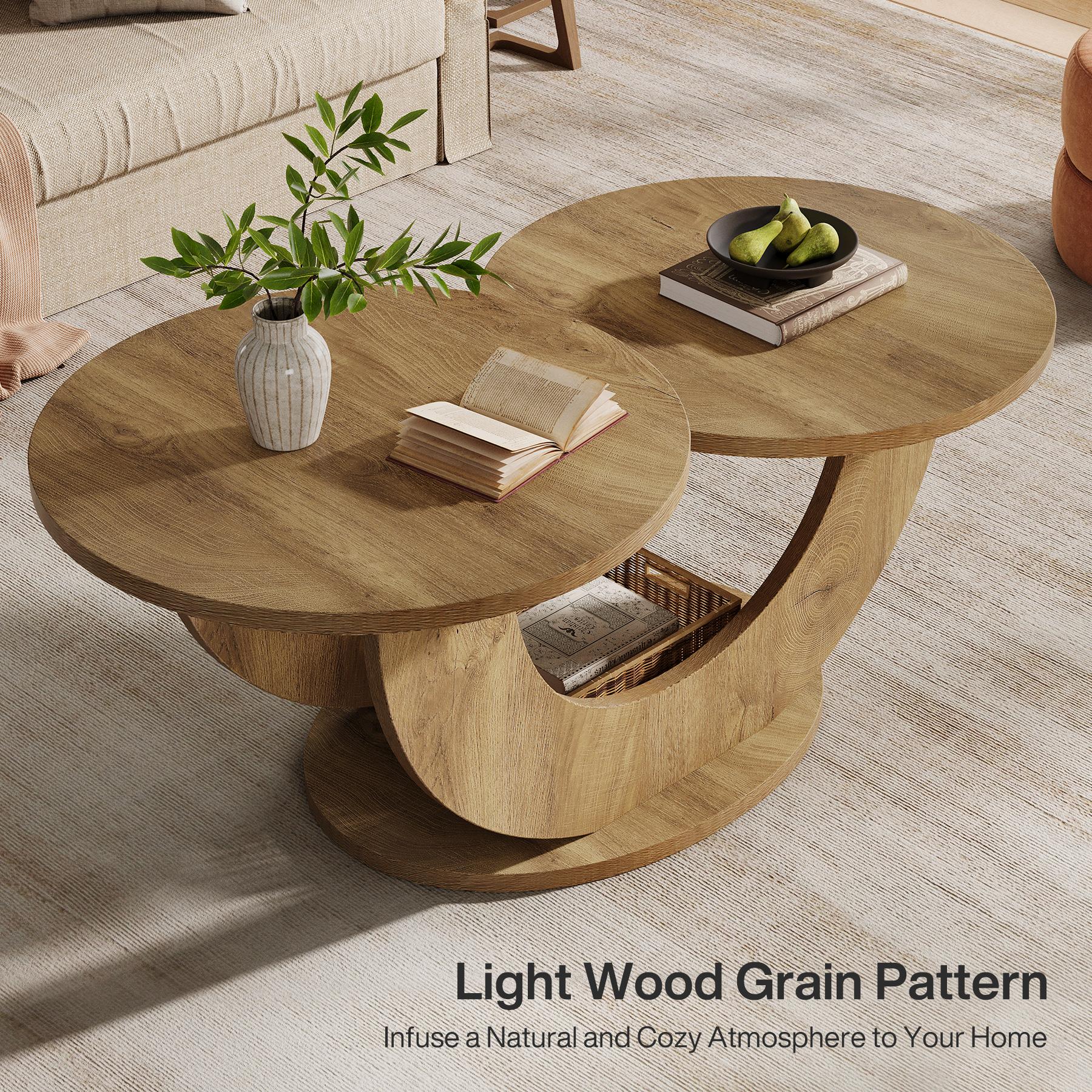 LITTLE TREE Round Living Room Coffee Table, 2-Tier Farmhouse Coffee Table with U-Shaped Frame, Low Accent Center Cocktail Table for Home, Apartment