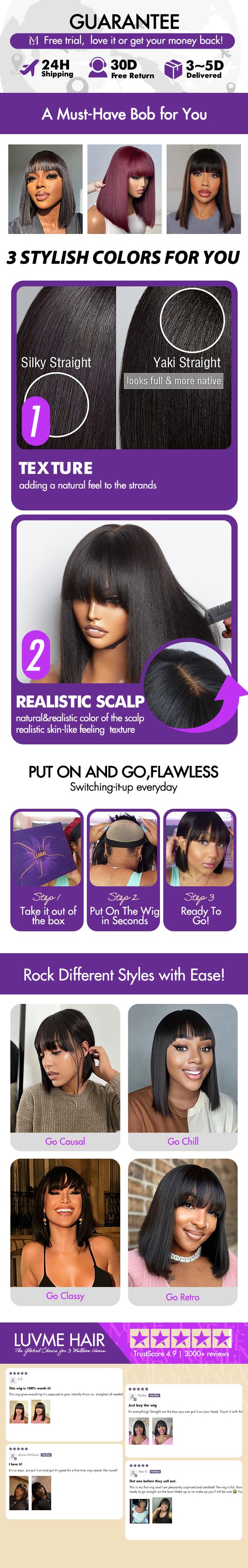 Put On And Go Reddish Purple Layered Cut Yaki Straight Minimalist Lace Bob Wig With Bangs 100% Human Hair