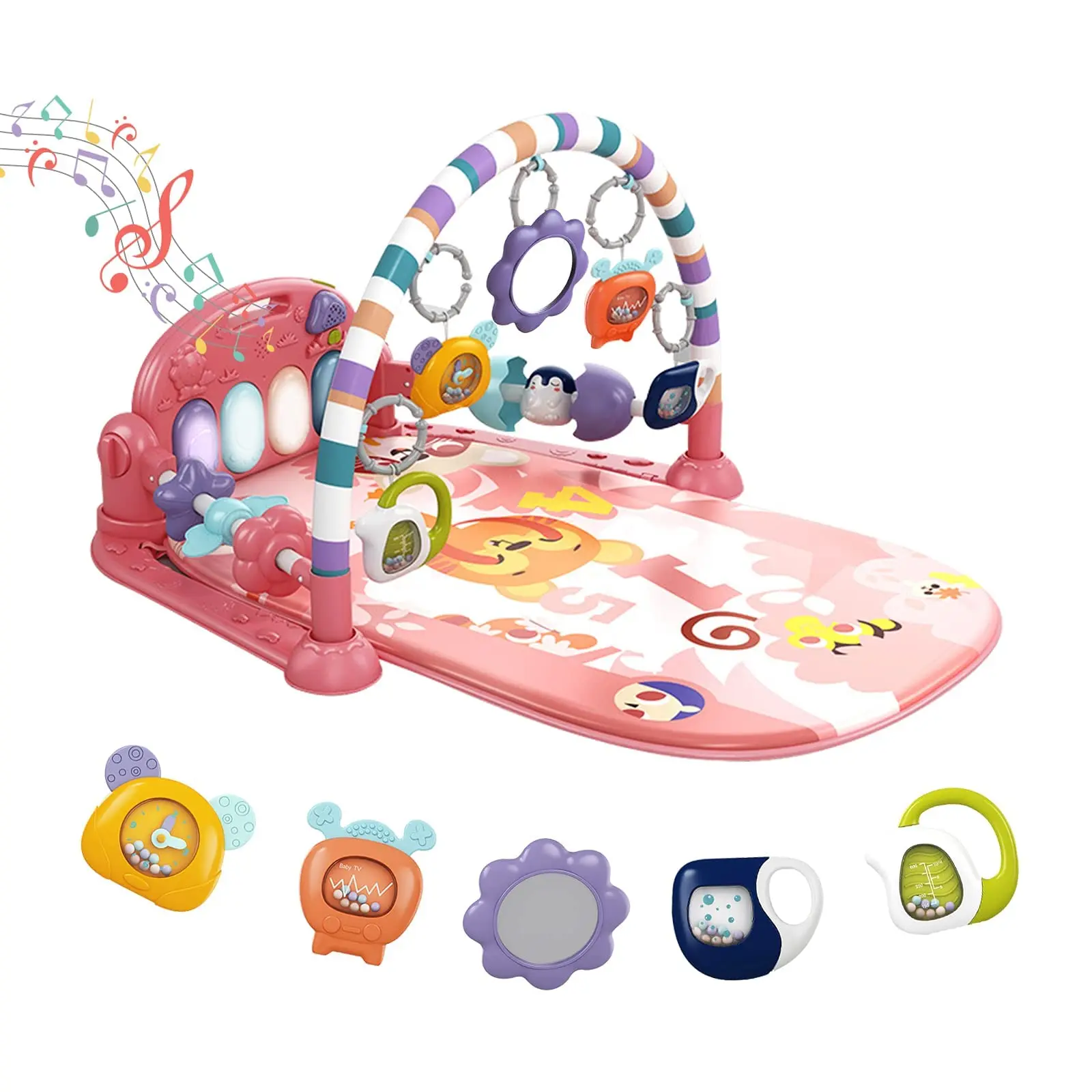 dearlomum Baby Play Mat Baby Gym with Piano Design 5 Sensory Toys Music Lights Blue Gift for Newborn Boys Girls - Infant