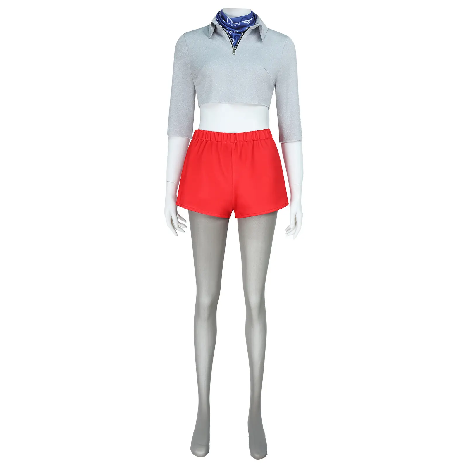 Eleven Grey Zip Up Top Red Shorts Cosplay Costume Set with Blue Scarf Tights for Comic Con