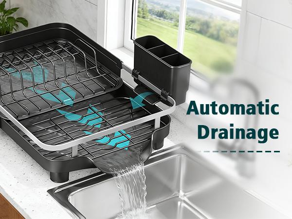Expandable Over Sink Dish Drying Rack, Adjustable Kitchen Counter Organizer for Plates, Bowls, Cups & Utensils with Automatic Drainage Spout Expandable Over Sink Dish Drying Rack, Adjustable Kitchen Counter Organizer for Plates, Bowls, Cups & Utensils with Automatic Drainage Spout