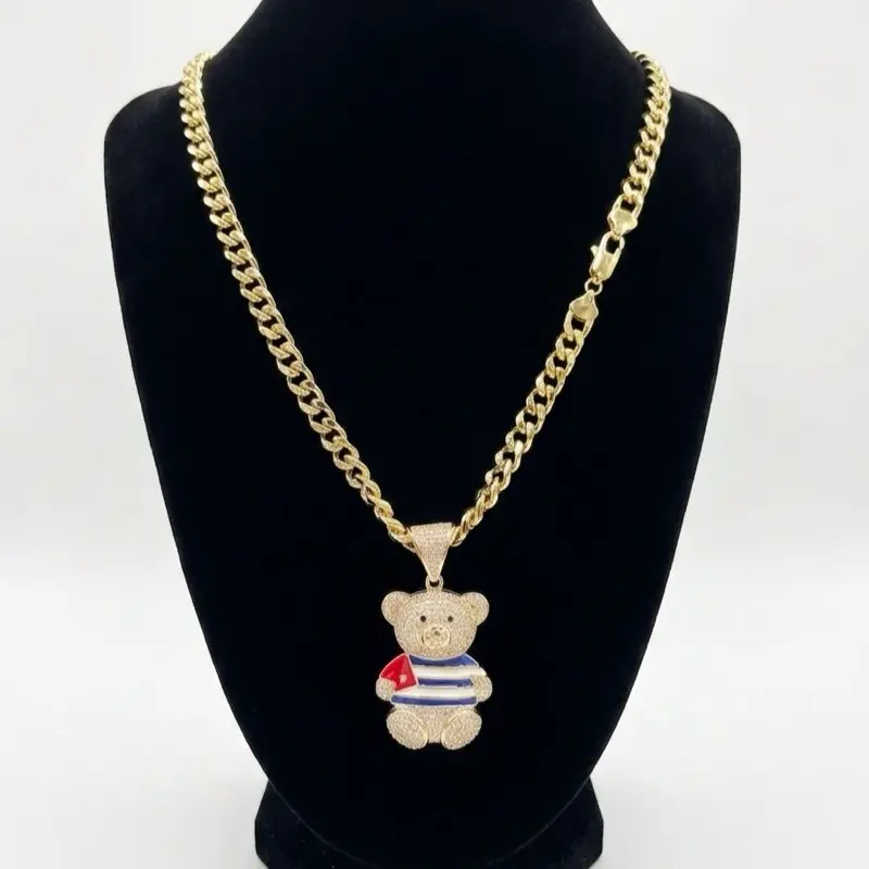 Chain laminated with 14k gold with bear charm with the flag of Cuba and shiny stones - necklace for women