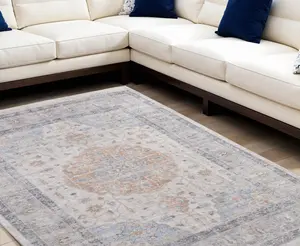 HomeRoots 566236 8 x 10 ft. Oriental Hand Woven Distressed Rectangle Area Rug with Fringe, Ivory, Blue & Orange