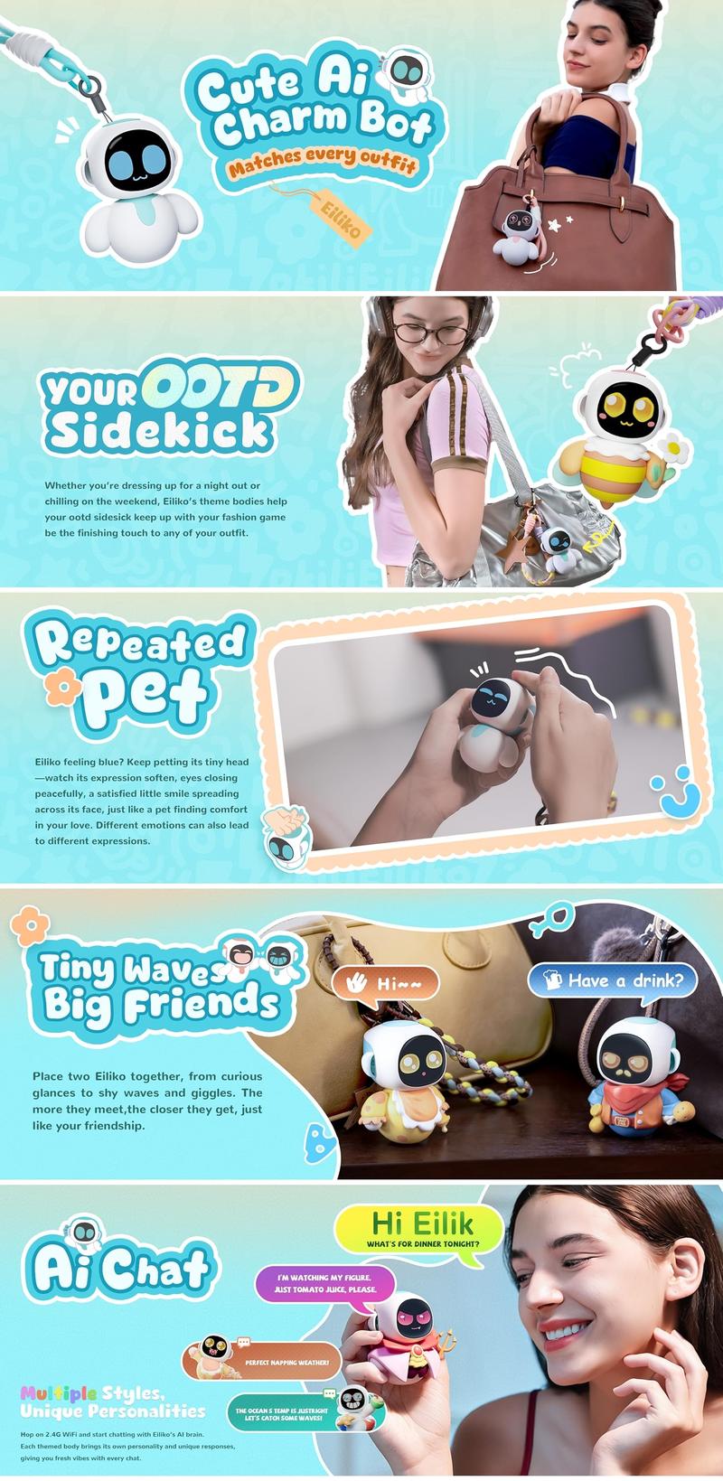 Energize Lab, Eiliko Aquamarine - Your Tiny AI Charm Robot That Matches Every Daily Outfit, Fun Electronic Pendant Toys, for Couples and Best Friends.