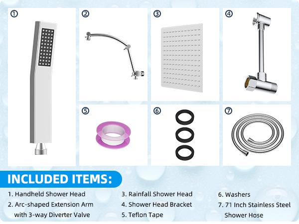 Hibbent All Metal 12'' Rainfall Shower Head, Dual Shower Head Combo, High Pressure Handheld Shower Wand, 16'' Adjustable Arc-shaped Shower Extension Arm, 71'' Hose, Showerhead Holder, Chrome