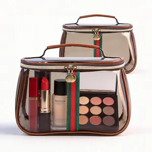 New Retro Vintage Vanity 1-2PCS Bag, Large Capacity Makeup Organizer for Women, Ladies Travel Storage Case, Waterproof Transparent Toiletry Bag, Portable Multifunctional Skincare Storage Case for Daily & Travel Use (Brown)