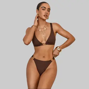 Women's 2-Piece Knitted Bikini - Sexy Slim Shoulder Strap Design, Metal Decorations, for Beach Vacations