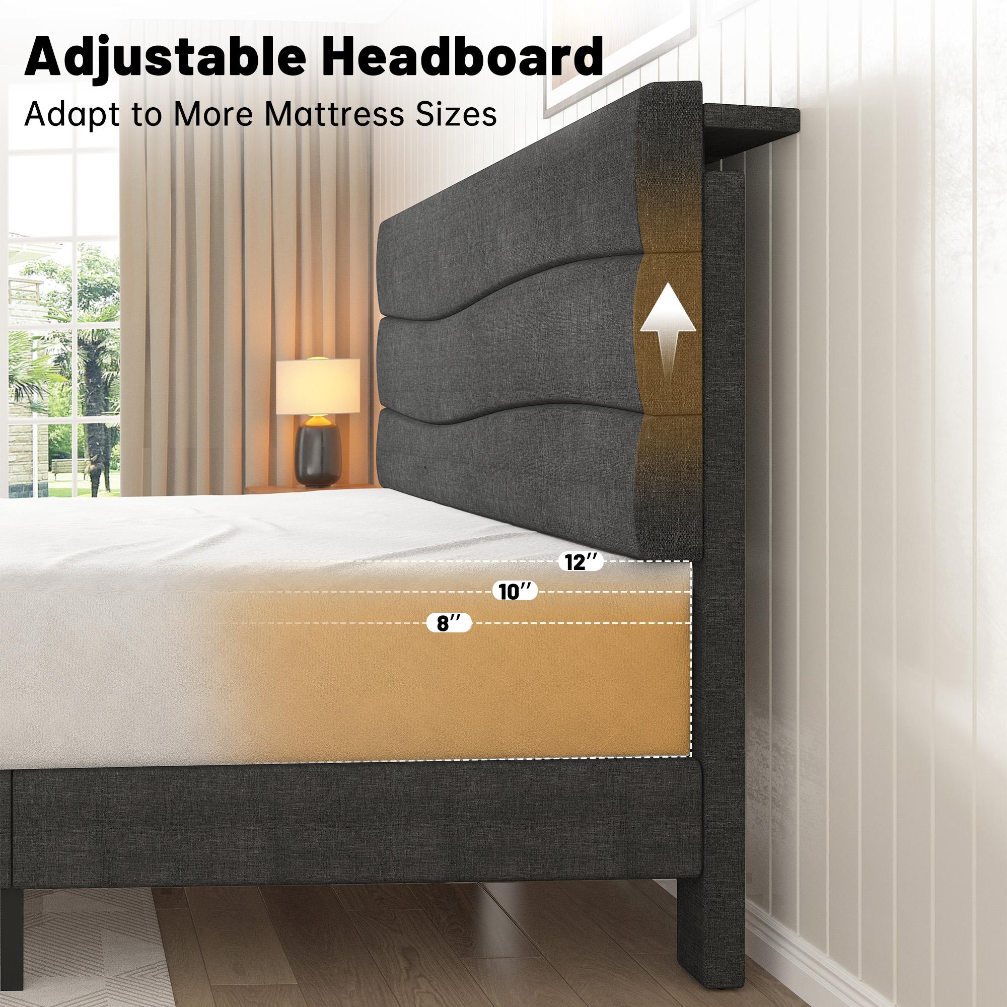 【The First Best Bed For Teens】Raybee Bed Frame Upholstered Headboard Height Adjustable Wavy Line Top Storage Shelf & USB Type-C Charging Noise-Free,Easy Assemble & Clean,Qeen Beige,Cream,Gray,King,Full