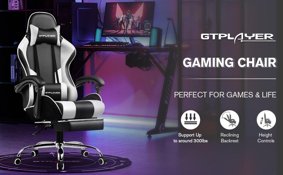 GTPLAYER Gaming Chair, Computer Chair with Footrest and Lumbar Support, Height Adjustable Game Chair with 360°-Swivel Seat and Headrest and for Office or Gaming
