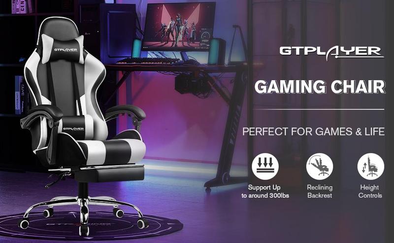 GTPLAYER Gaming Chair, Computer Chair with Footrest and Lumbar Support, Height Adjustable Game Chair with 360°-Swivel Seat and Headrest and for Office or Gaming