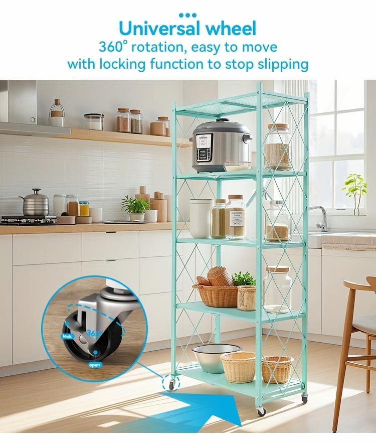 3/4/5-Tier Portable Multifunctional Storage Rack, Floor-Standing Storage Rack with Lockable Wheels, Space-Saving, No Assembly, Foldable Storage Shelf with Durable Carbon Steel Frame for Bedroom, Balcony, Garden, Standing Shelf