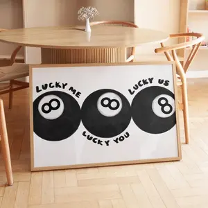 Lucky 8 Ball Wall Art Print, Black and white retro Billiards Decor |Framless Poster
