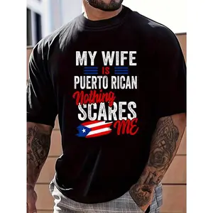 100%25 Cotton My Wife Is Puerto Rican Puerto Rico Heritage Flag Souvenir T-Shirt Women's Men's Graphic Tee Causal Tops Fashion