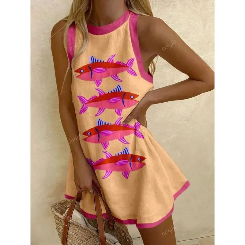 BOHO Seaside Vacation Sardine Tropical Fish Clashing Sleeveless Mini Dresses