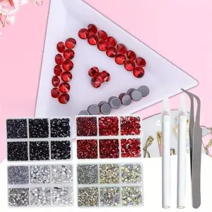 10000Pcs Rhinestones for Crafts Flatback Glass Crystals, Red AB/ Black Nail Gems with Tweezers & Pen