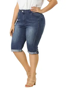 Agnes Orinda Capri Denim Jeans Plus Size Mid-Rise Fit Stretch Skinny Capris Blue