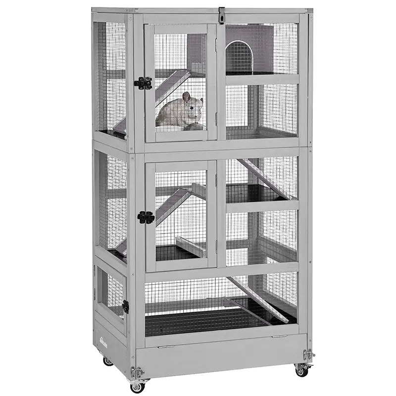 Aivituvin-AIR38-1 5-Level Wooden Small Animal Enclosure - Sturdy Spacious Single Unit Vertical Stack Habitat with Mesh, Aluminum, Easy Moving, Ventilation, Chew-Safe Ramps, Wipeclean PVC, Deeper Tray for Ferrets/Chins with Multi-Level Play