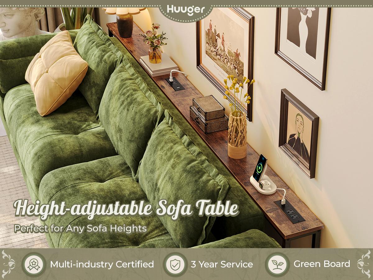 Huuger 102.4/110.2 Inch Sofa Table with Power Outlets, 23.9’’-34.4’’ Height Adjustable Range, Behind Couch Table with USB-C Ports, Sofa Tables Narrow Long, Skinny Console Table, Small Spaces