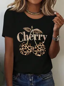Women's Mint Green Cherry Print T-Shirt: Cotton soft stretch crewneck short sleeve top with cherry & leaf design, loose casual summer style, suitable for daily, fitness, parties, ideal for cherry lovers;