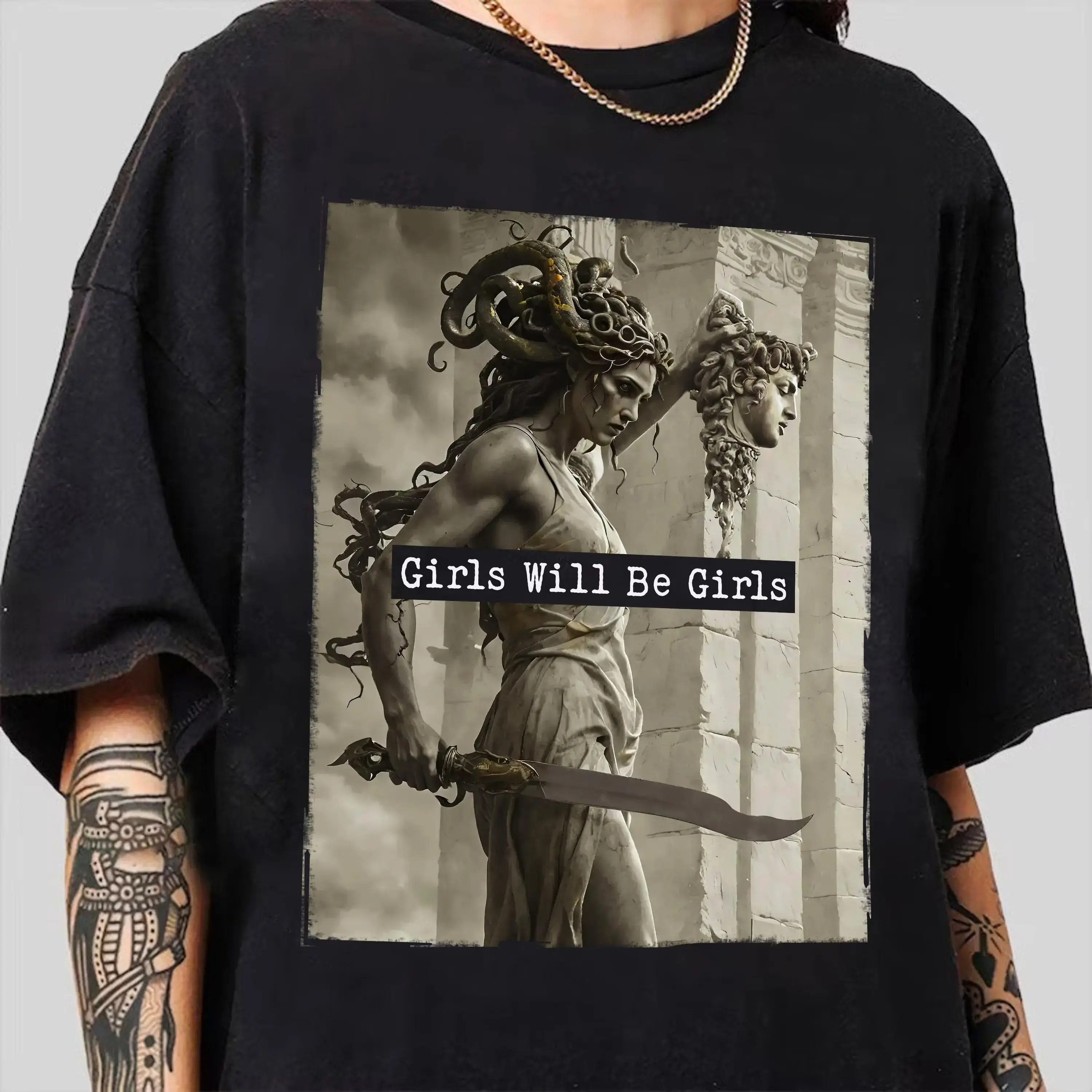 [100% Cotton] Mythology - Inspired T - Shirt Girls Will Be Girls With A Powerful Medusa - Like Figure, Blending Ancient Legends And Modern Attitude T-Shirt For Men And Women