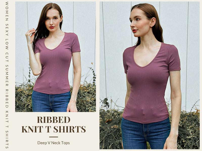 Women's Deep V Neck Tops for Women Sexy Low Cut Summer Ribbed Knit T Shirts Slim Fit Stretchy Basic Fashion Tee