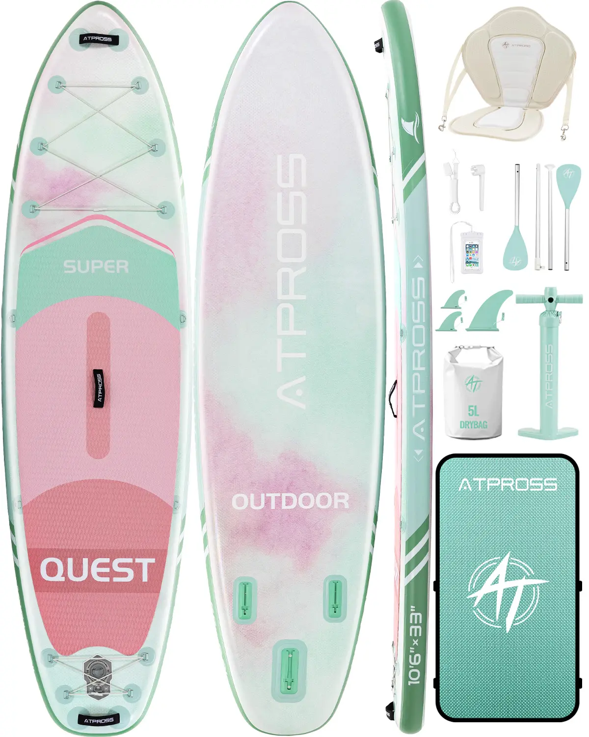ATPROSS Summervibe 10'6''x33'' Extra Wide Inflatable Paddleboard with Kayak Seat, 400lbs Cap., Non-Slip EVA Deck, Compact Pack Complete Kit for All Skill Levels, Yoga/Fishing, Inflatable Paddle Board
