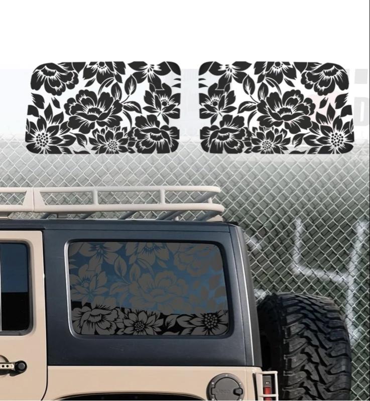 Floral Flower Print Rear Window Decals for 2018-2023 Jeep Wrangler 4 Door JLU Matte Black Vinyl Stickers Fits 2018 2019 2020 2021 2022 Models