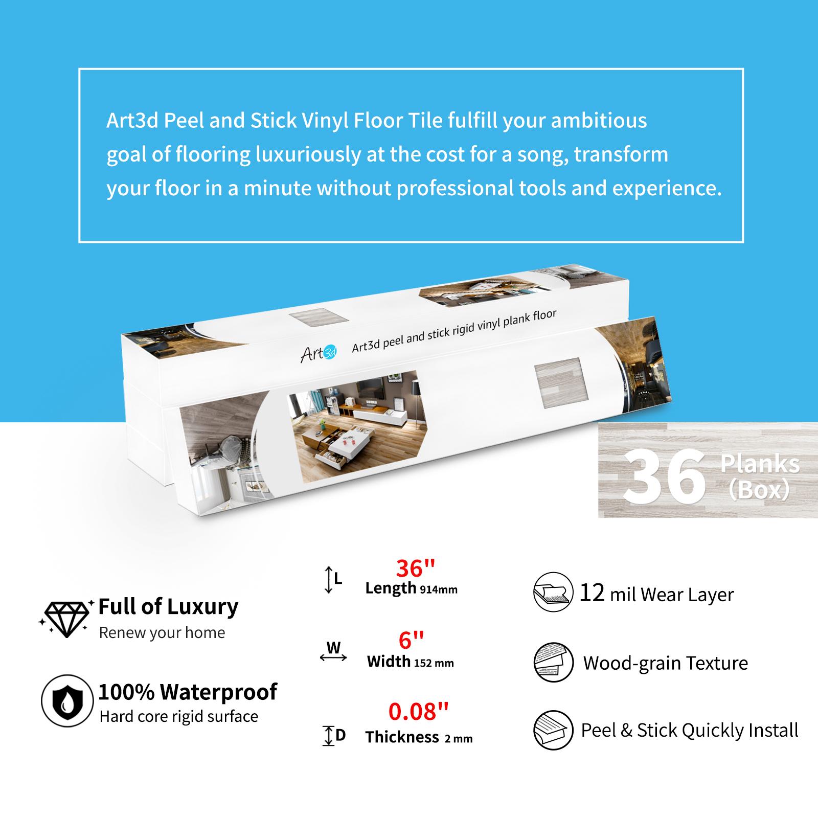 Art3d 36-Pack Waterproof Peel and Stick Flooring,Covers 54 Sq.ft,Realistic Wood Grain, Self Adhesive Tiles Easy to  Install for Home Modern Interior