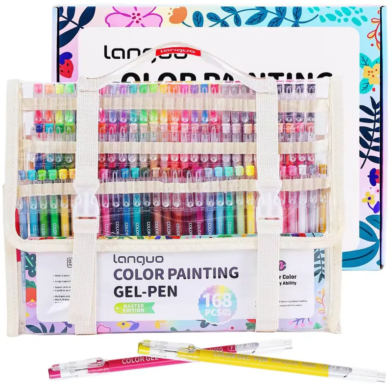 Vibrant gel pen sets (45/72/99/168 pens) with case. Perfect for diaries, cards, DIY, drawing, graffiti, scrapbooking—versatile art supplies.