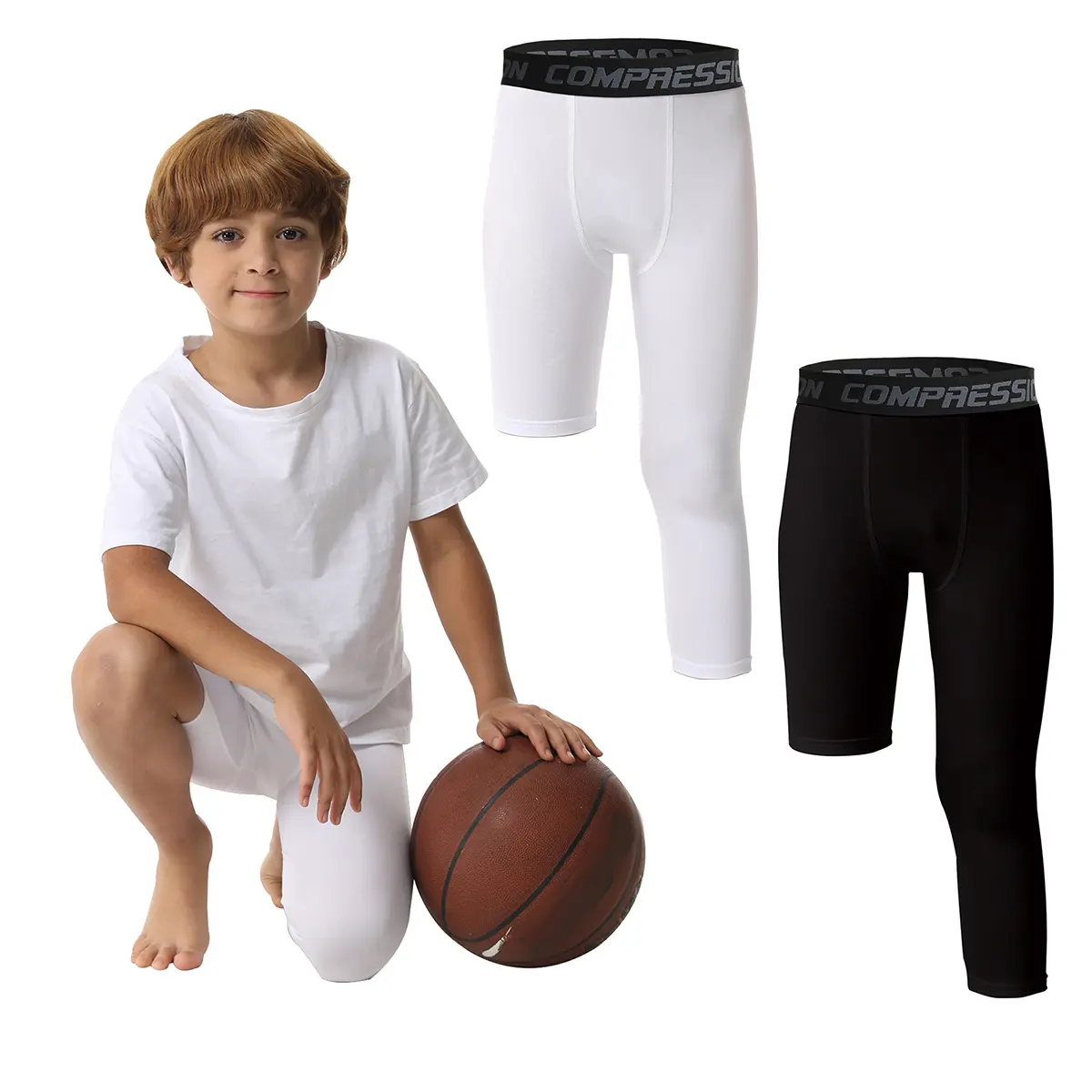 AYJKSEVEN Kids' Unisex Asymmetric Cut 3/4 Single Leg Compression Tights, Athletic Stretchable Polyester Blend Gym Fitness Sportswear, Active Activewear Basketball Leg Sleeves