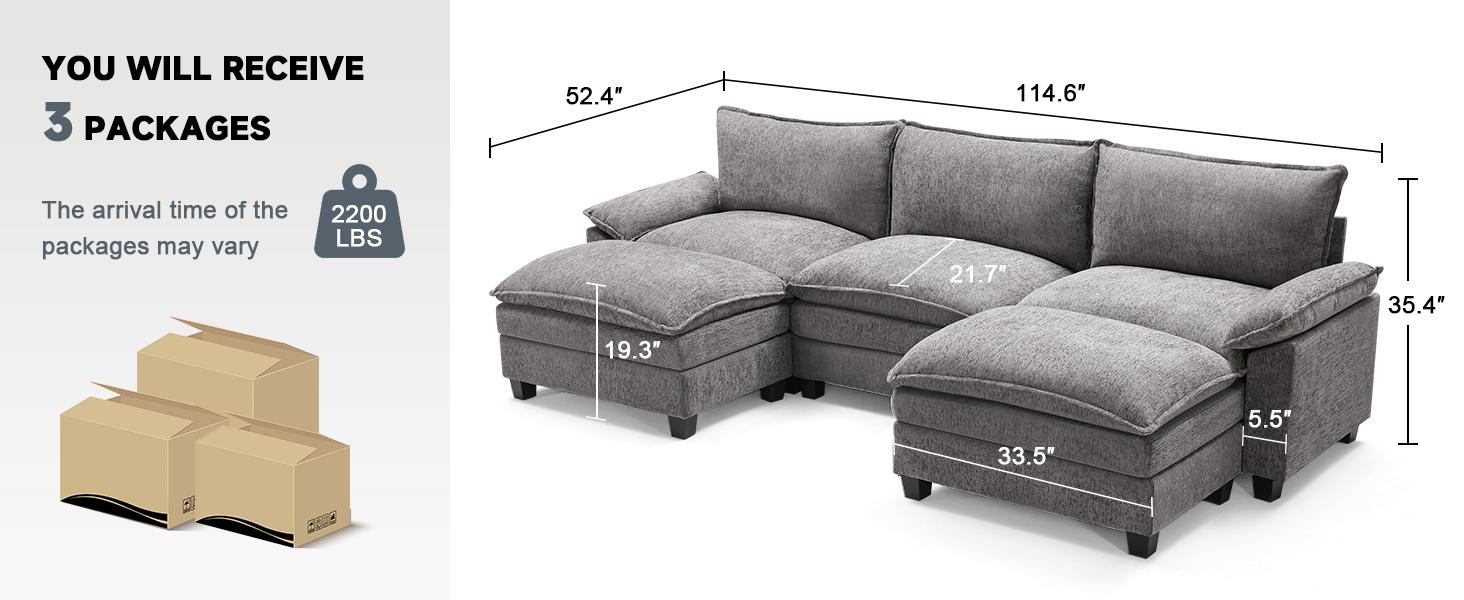 【2-3 Packages】110-143 Inch Modular Couch Sectionals with Ottoman, Big Comfy Cloud Couches, L/U Shaped 4 Seat Modular Sectional Sofa, Modern Cloud Sectional Couches for Living Room, Deep Seat Sofa