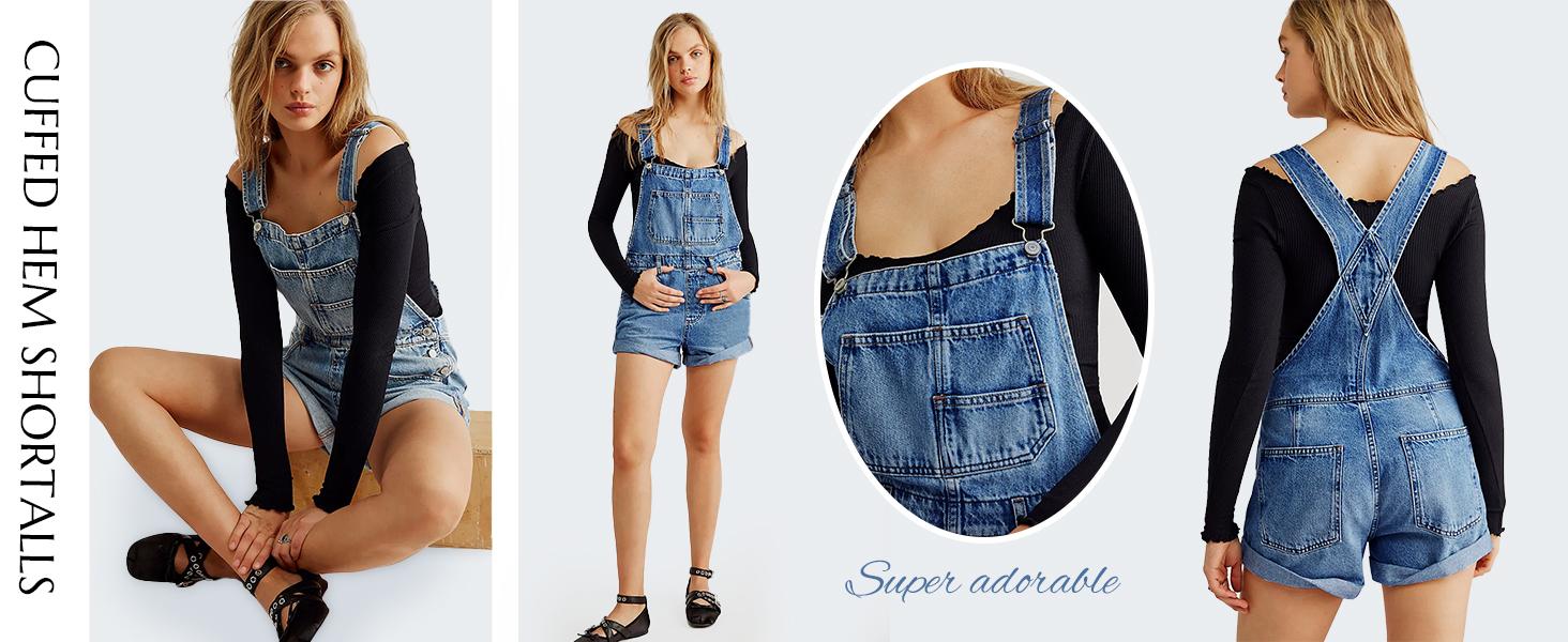 Imily Bela Womenswear Basic Overalls Shorts Denim Bib Straps Shorts Casual Solid Color Minimalist Rompers Jumpsuits With Pockets Pants