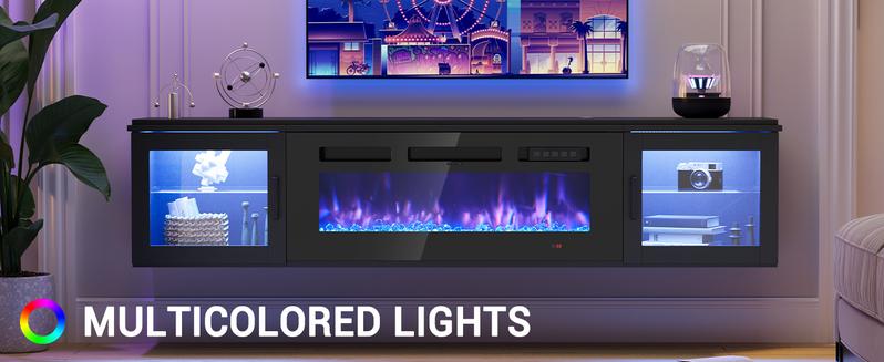 【Ships 2 Packages】oneinmil 70" Floating TV Stand with 36" Electric Fireplace, High Gloss Finish Wall Mounted Fireplace Entertainment Center with Storage for TVs Up to 80", Black TV Stand and Black Fireplace