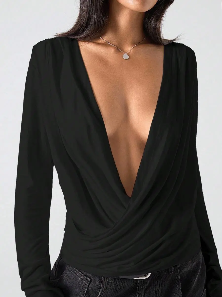 LYSMO Lady's Basic Viscose Fabric Solid Color Long Sleeve Plunging Neck Sexy Versatile Blouse, Women's Shirts