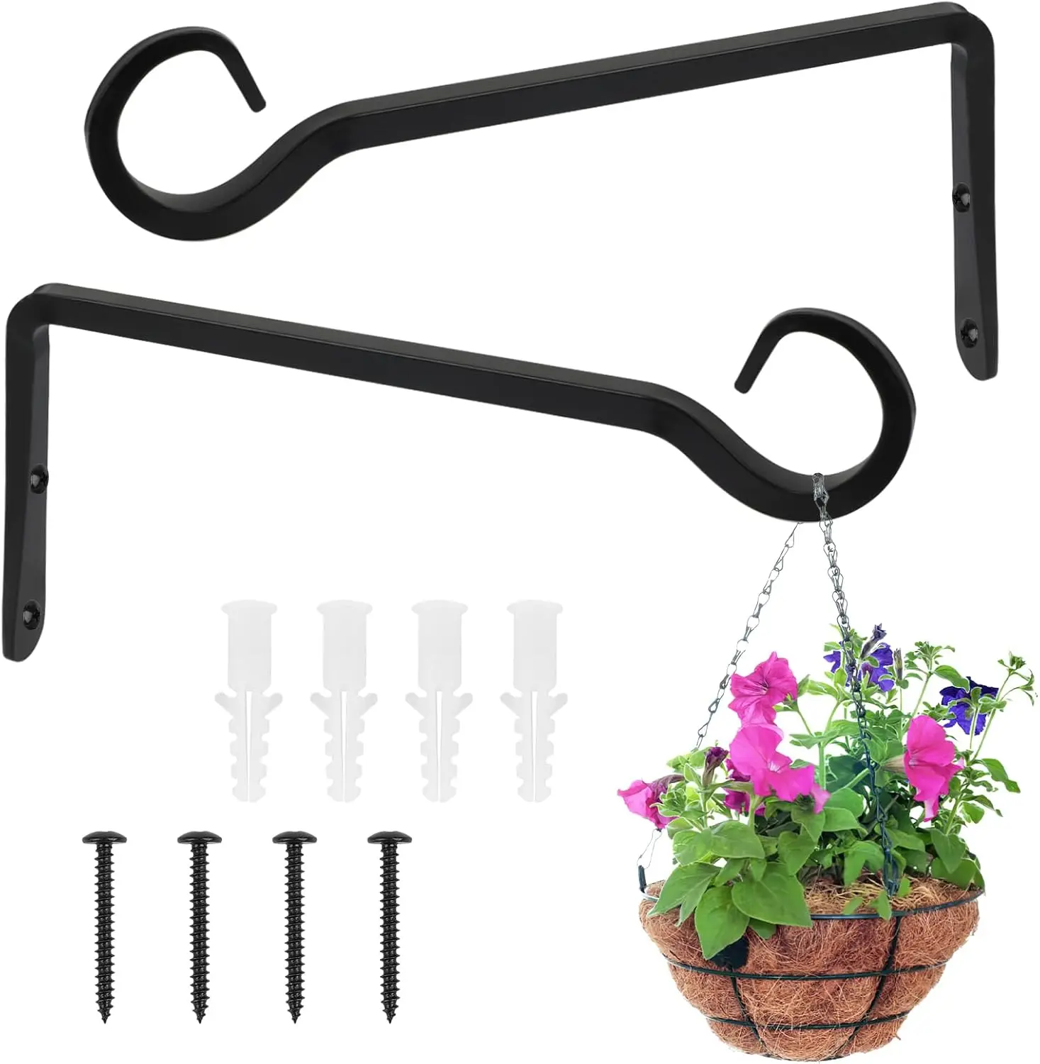 2 Pack Plant Hanger Bracket, 8 Inch Plant Hangers Outdoor, Metal Plant Hooks for Hanging Plants, Bird Feeder, Flower Basket, Wind Chimes, Lantern, Indoor Outdoor (Black)