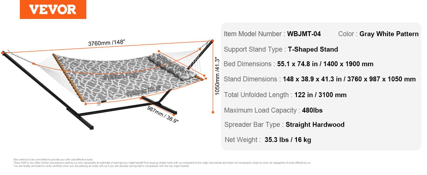 VEVOR Two Person Hammock with Stand Included Heavy Duty 480lb Capacity,  Double Hammock with 12 FT Steel Stand and Portable Carrying Bag and Pillow, Freestanding Hammock for Outdoor Patio Yard Beach